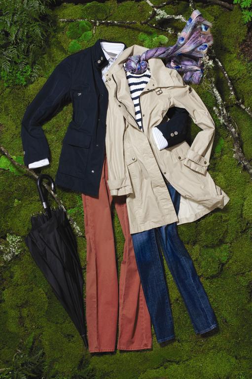 On him: GIMO'S nylon field coat with knit interior trim, $625. J BRAND Kane washed cotton twill pant in terracotta, $195. IVY BY LIPSON Oxford washed striped shirt in light blue, $195. DAVEK elite leather stitchumbrella, $149. On her: BELSTAFF Hilton trench in tan, $700. JOSEPH short-sleeve striped sweater in navy & white, $245. ME & KASHMIERE peacock scarf, $195. CURRENT/ELLIOTT Stiletto jean in 